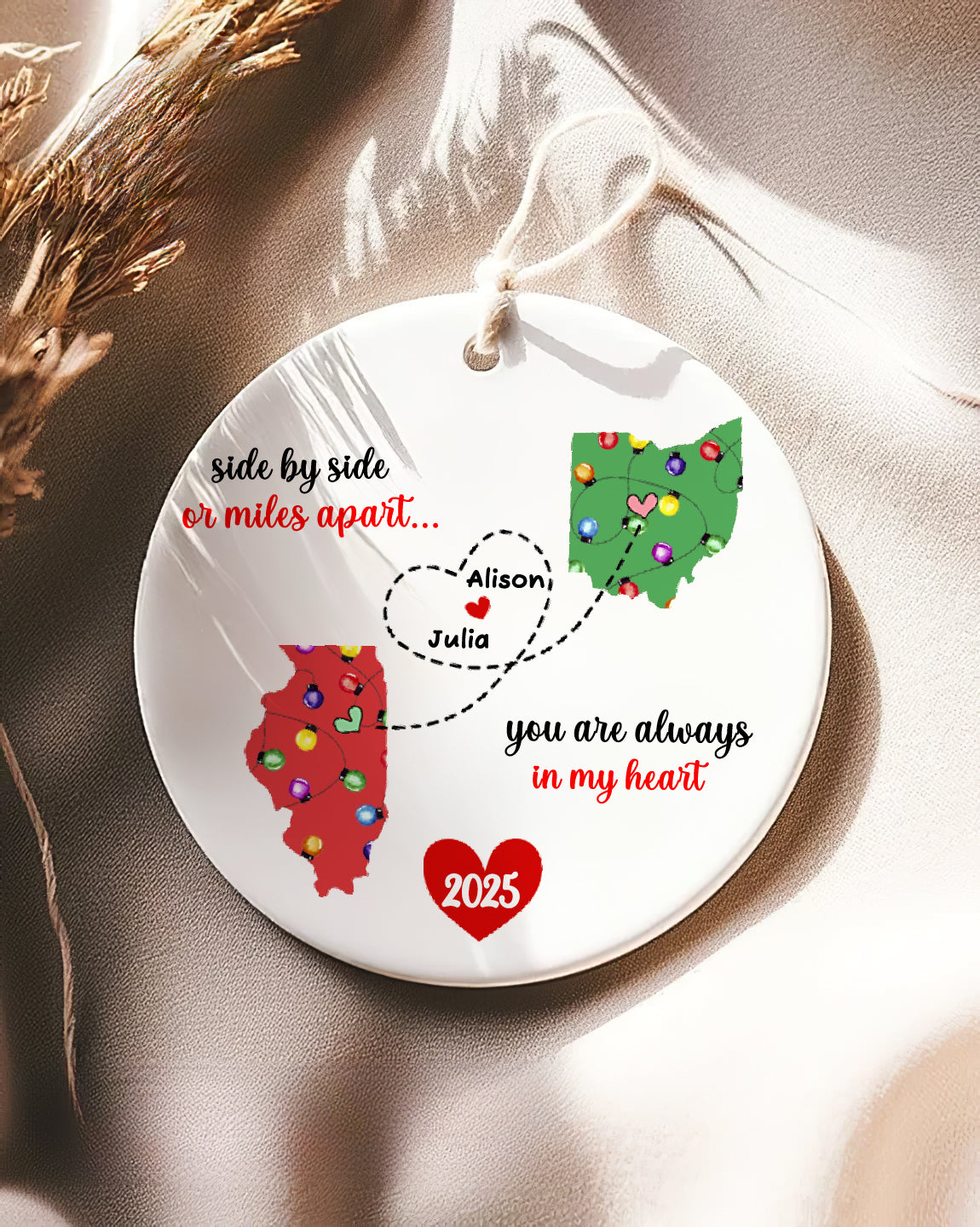 Personalized Friendship Ornament – Long Distance States, Custom Names & Heart Path