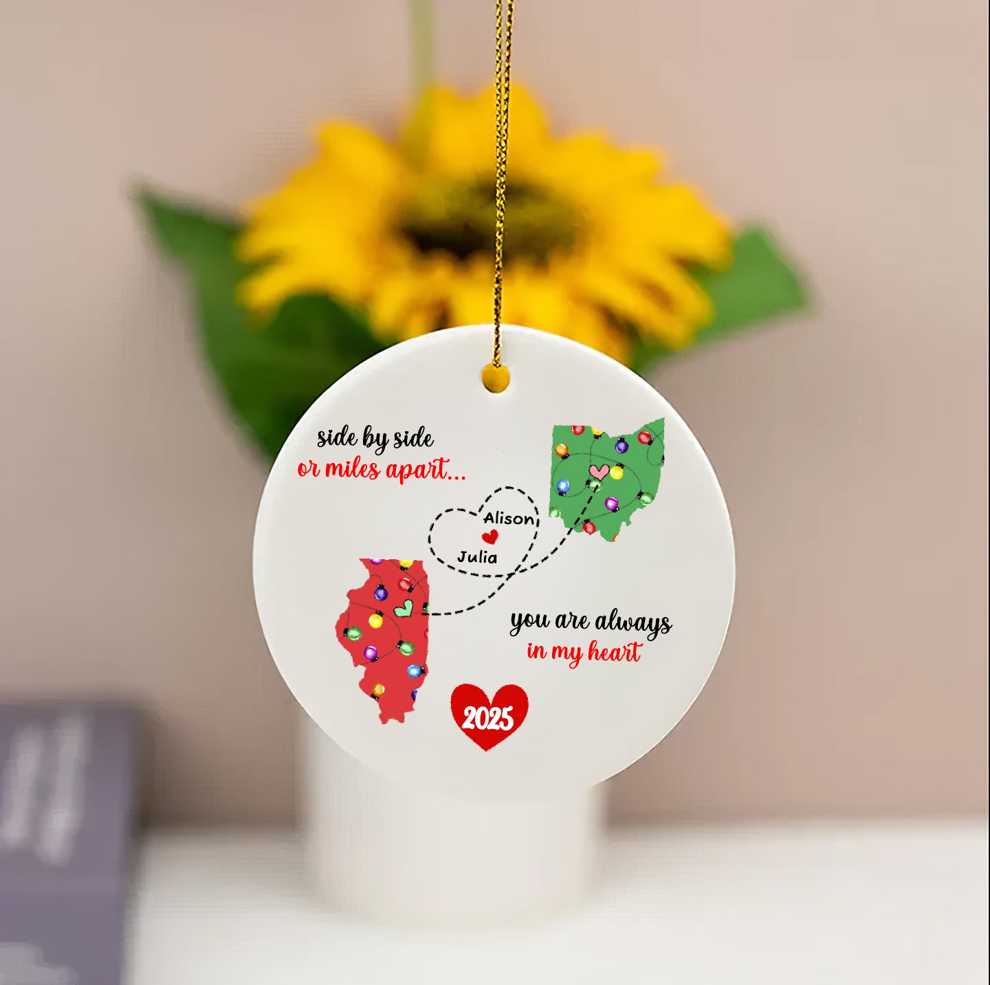 Personalized Friendship Ornament – Long Distance States, Custom Names & Heart Path