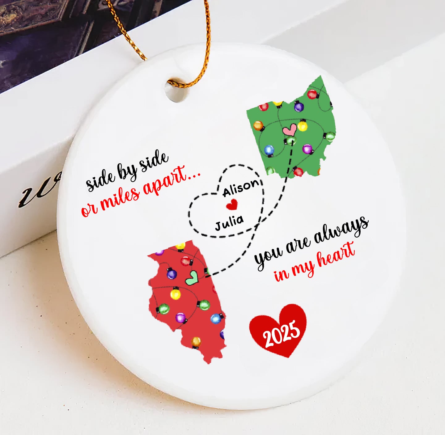 Personalized Friendship Ornament – Long Distance States, Custom Names & Heart Path
