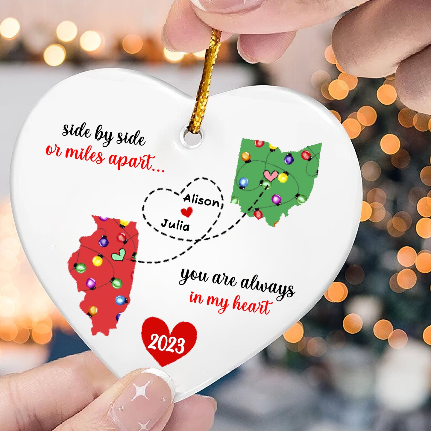 Personalized Friendship Ornament – Long Distance States, Custom Names & Heart Path