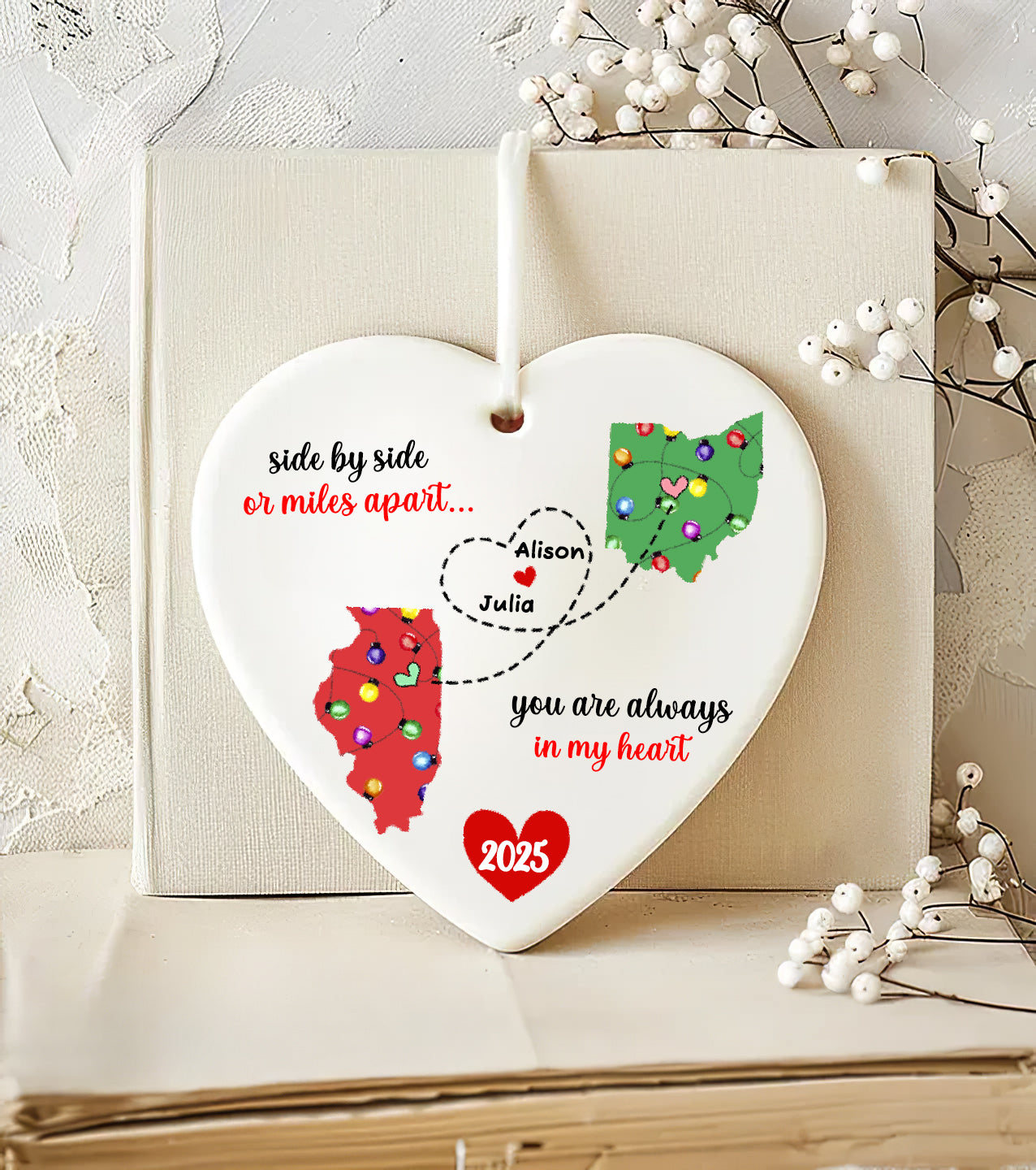 Personalized Friendship Ornament – Long Distance States, Custom Names & Heart Path