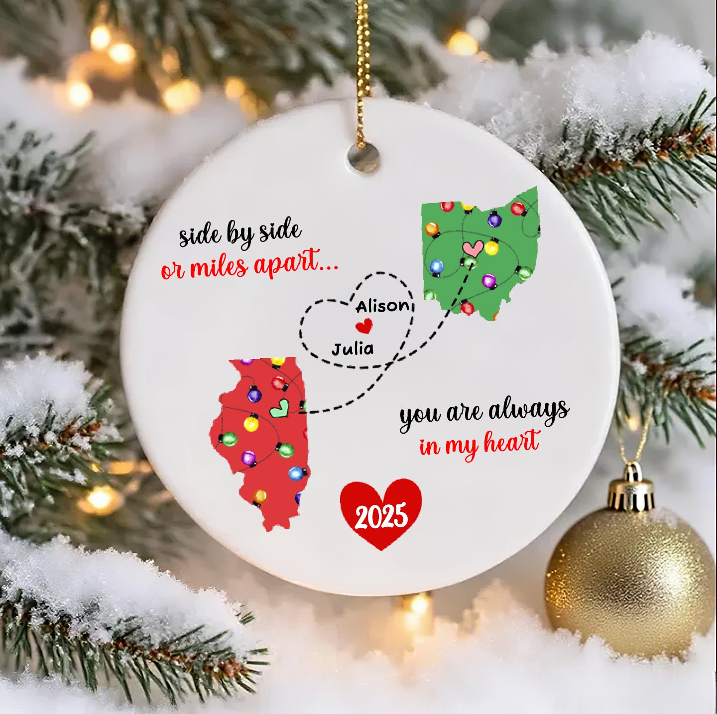 Personalized Friendship Ornament – Long Distance States, Custom Names & Heart Path