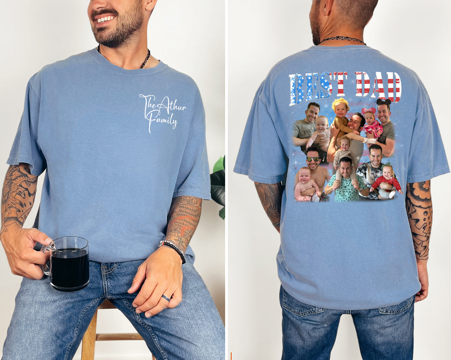 Custom Best Dad Shirt with Kids’ Faces – Front & Back Print 4th Of July Tee