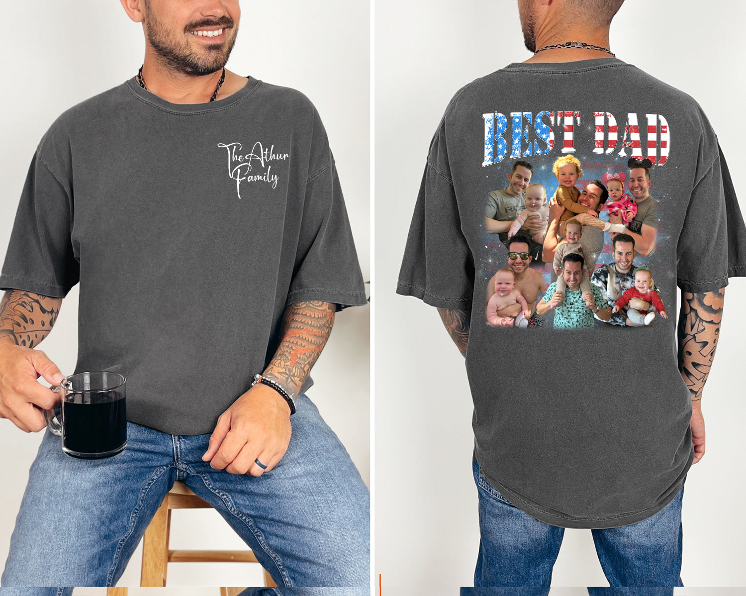 Custom Best Dad Shirt with Kids’ Faces – Front & Back Print 4th Of July Tee