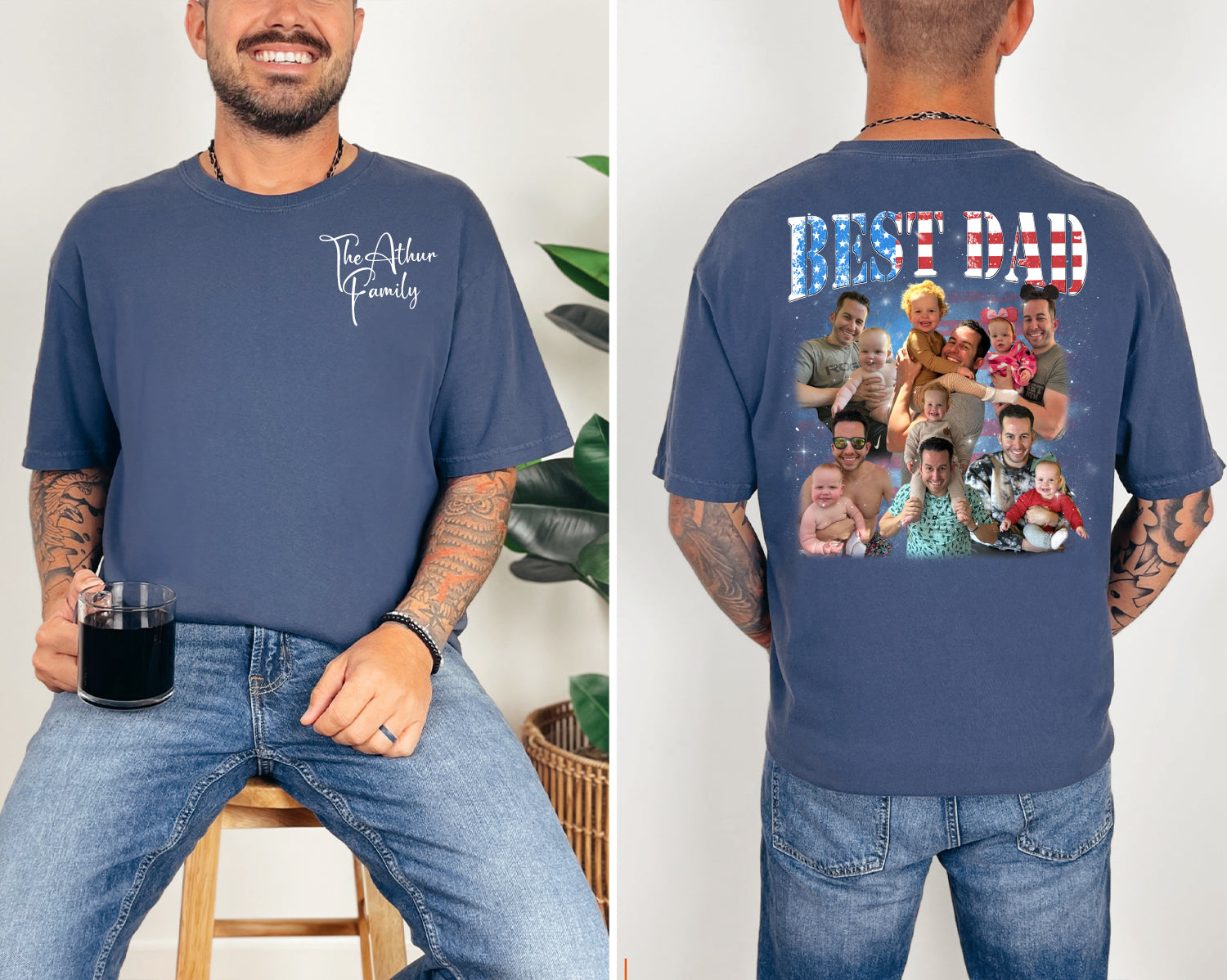Custom Best Dad Shirt with Kids’ Faces – Front & Back Print 4th Of July Tee