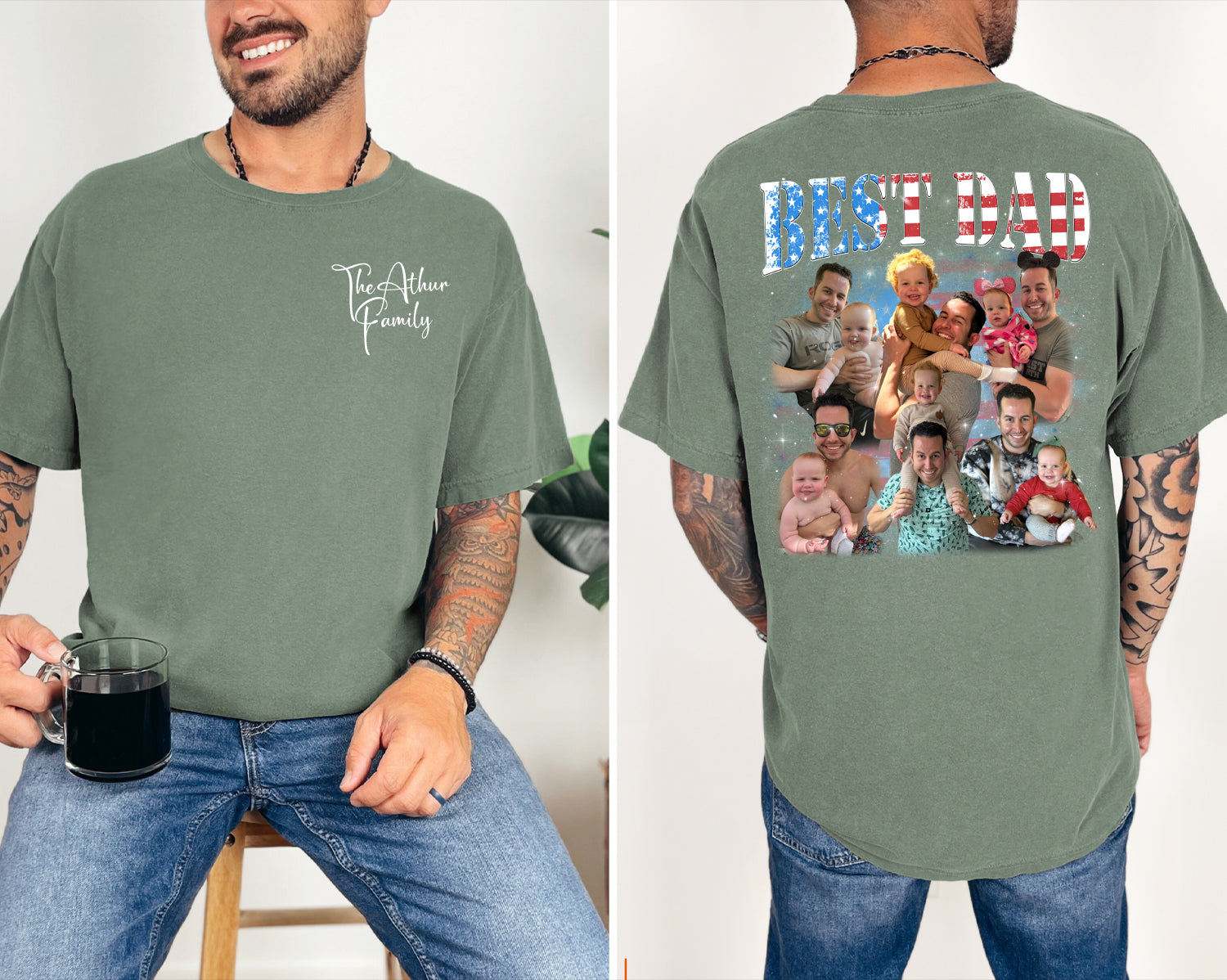Custom Best Dad Shirt with Kids’ Faces – Front & Back Print 4th Of July Tee