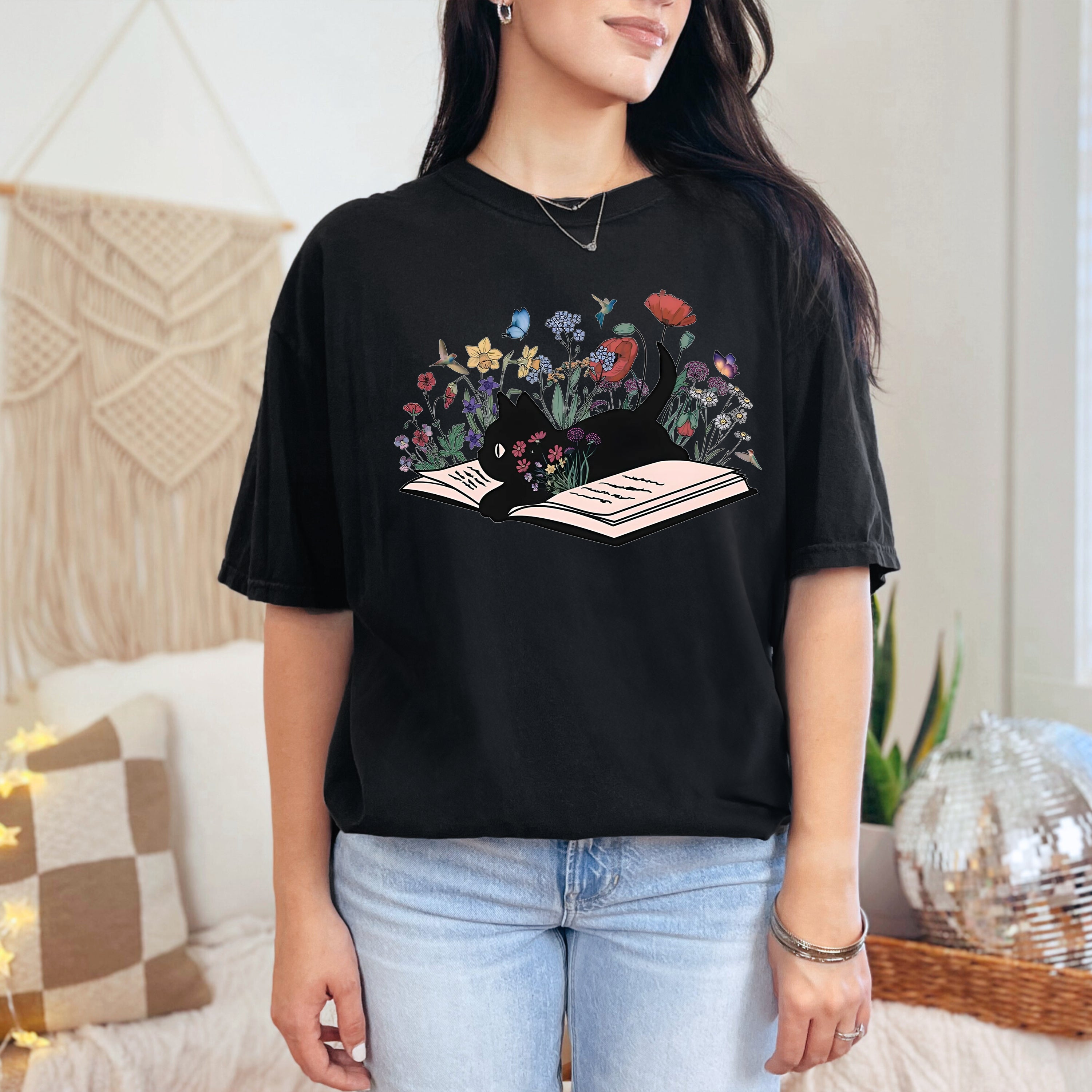 Comfort Colors Floral Cat Shirt, Cat Lover T-shirt, Cat Book Shirt, Cat Lover Gift