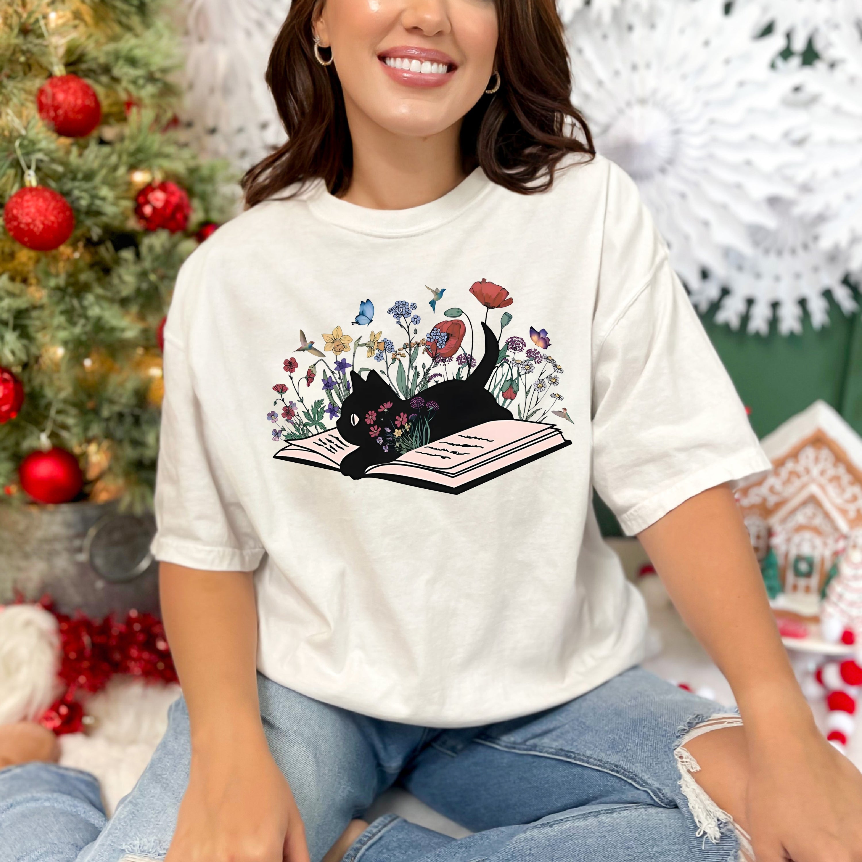Comfort Colors Floral Cat Shirt, Cat Lover T-shirt, Cat Book Shirt, Cat Lover Gift