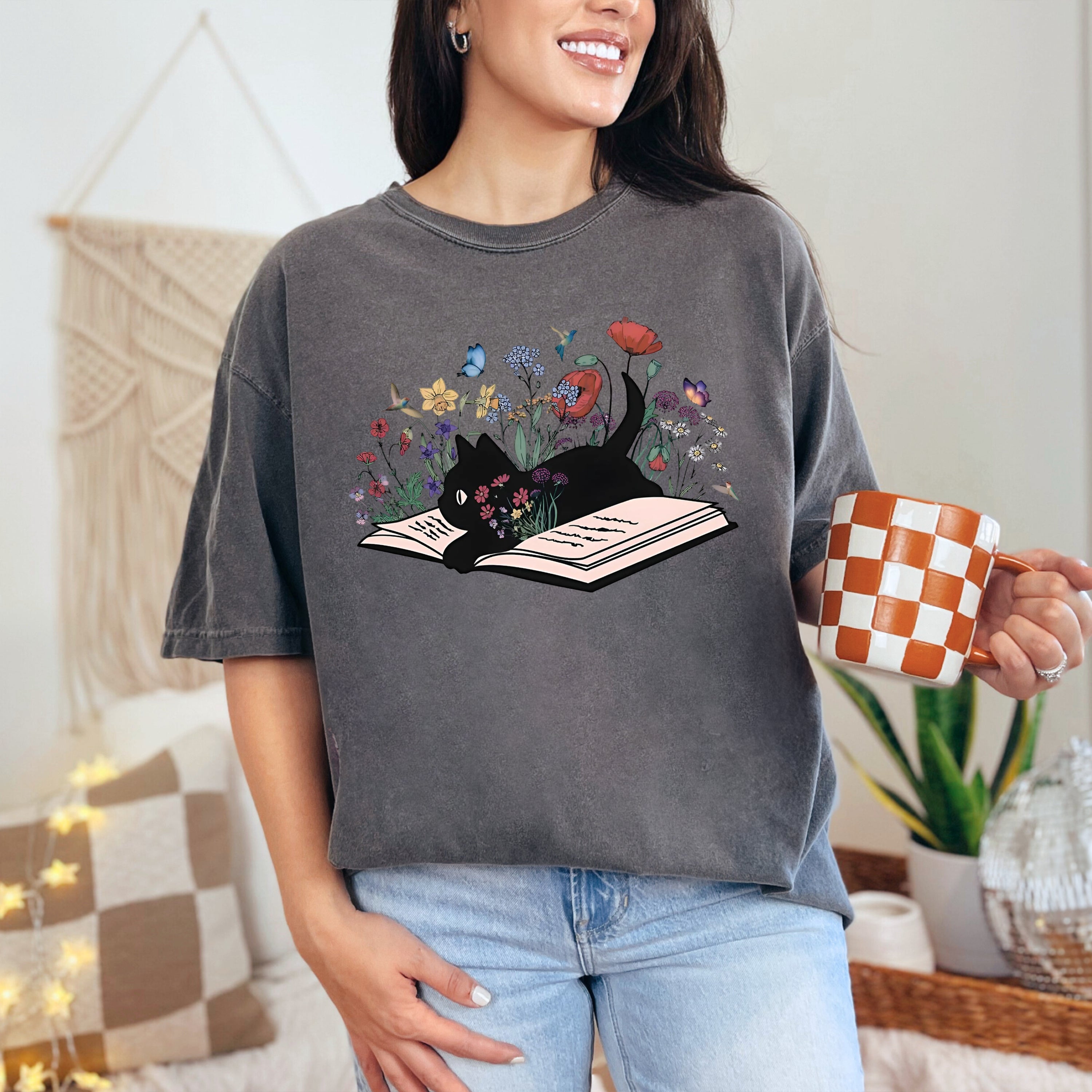 Comfort Colors Floral Cat Shirt, Cat Lover T-shirt, Cat Book Shirt, Cat Lover Gift