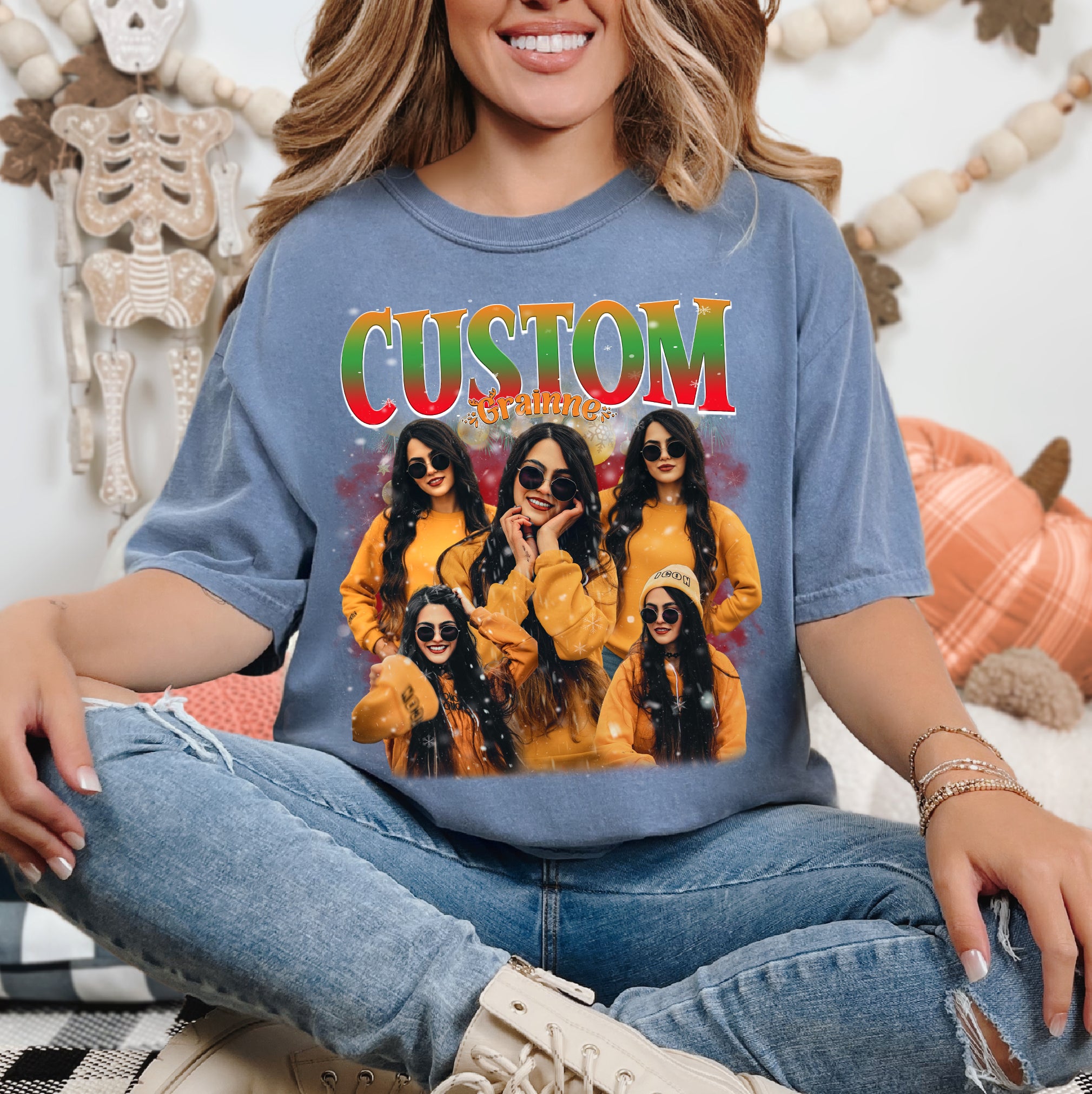 Holiday Custom Portrait Tee - Christmas Photo Collage T-Shirts Gift