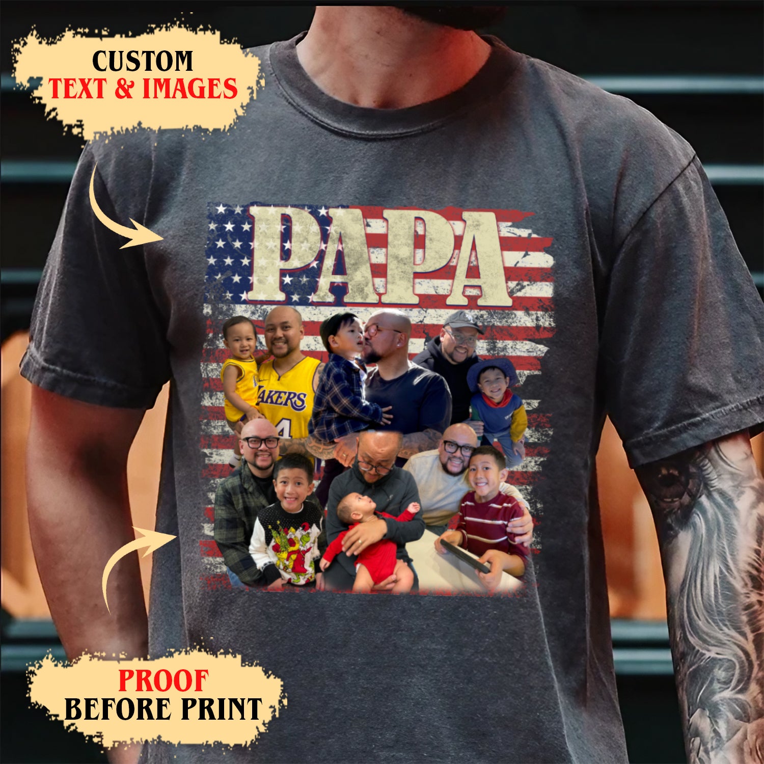 Custom Dad Shirt with Photos and Name – USA Flag Collage Tee