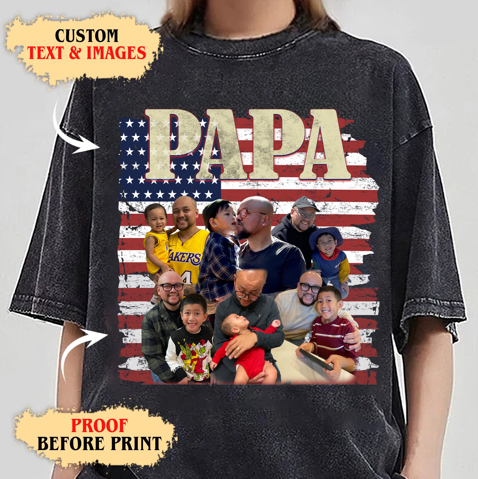 Custom Dad Shirt with Photos and Name – USA Flag Collage Tee
