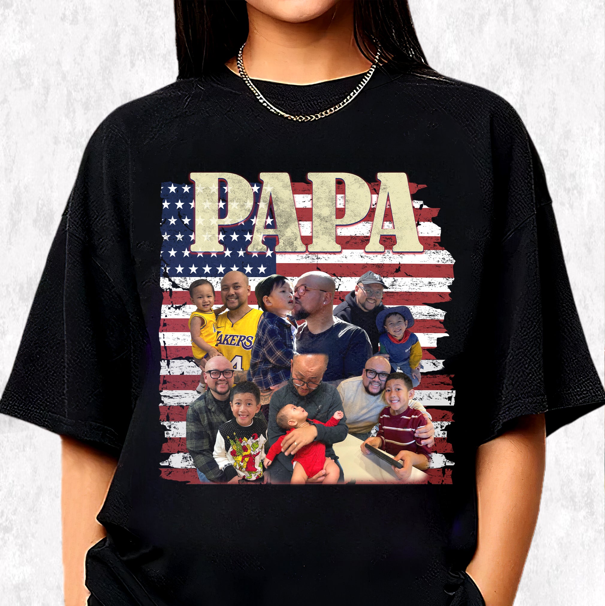 Custom Dad Shirt with Photos and Name – USA Flag Collage Tee