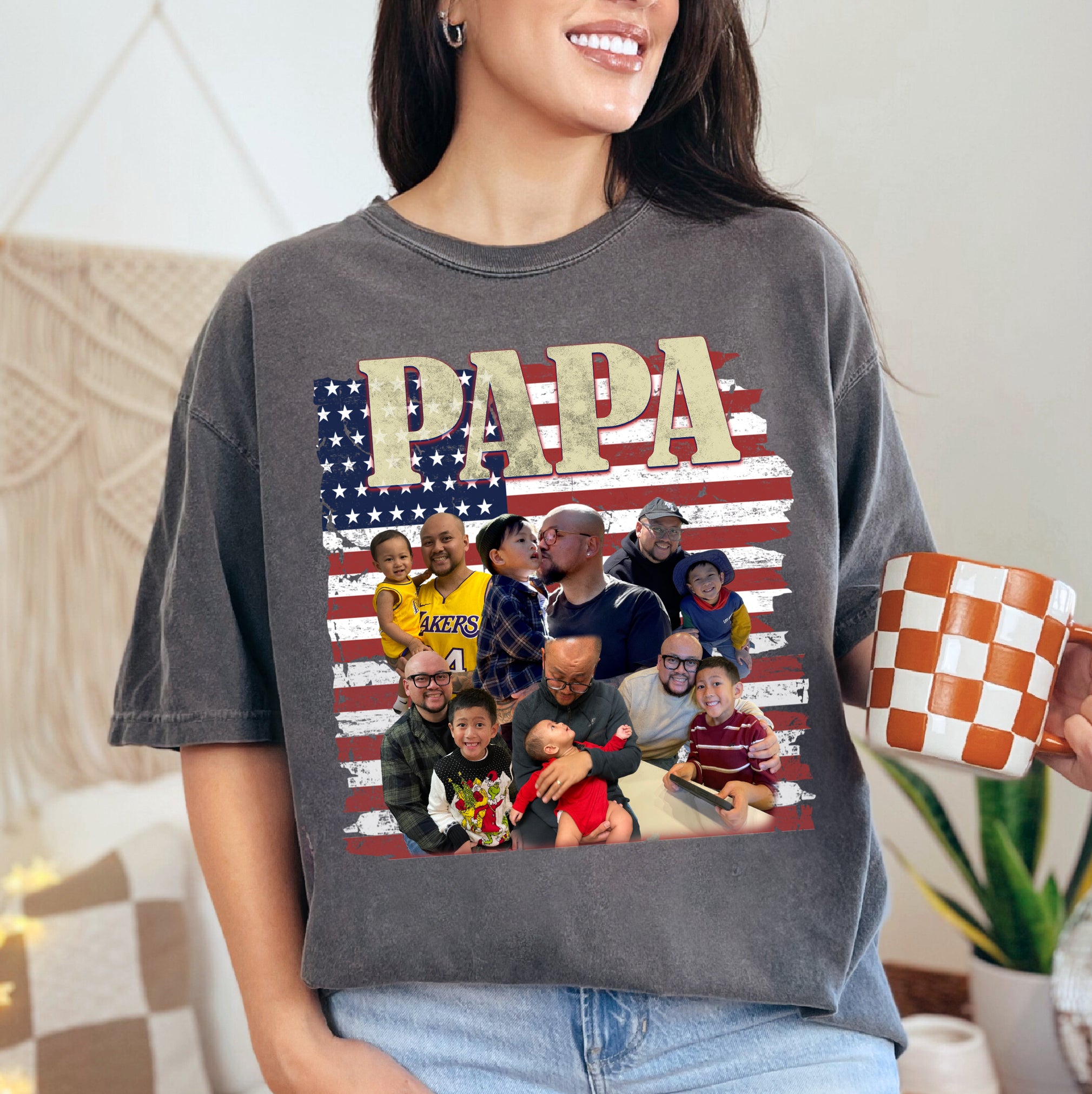 Custom Dad Shirt with Photos and Name – USA Flag Collage Tee