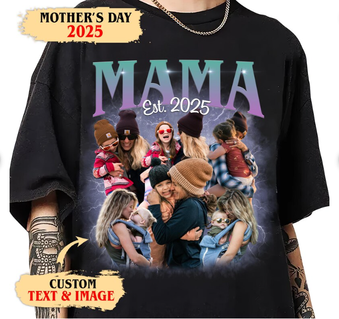 Custom Mom Shirt with Kids’ Face – Mama Est. Photo Tee